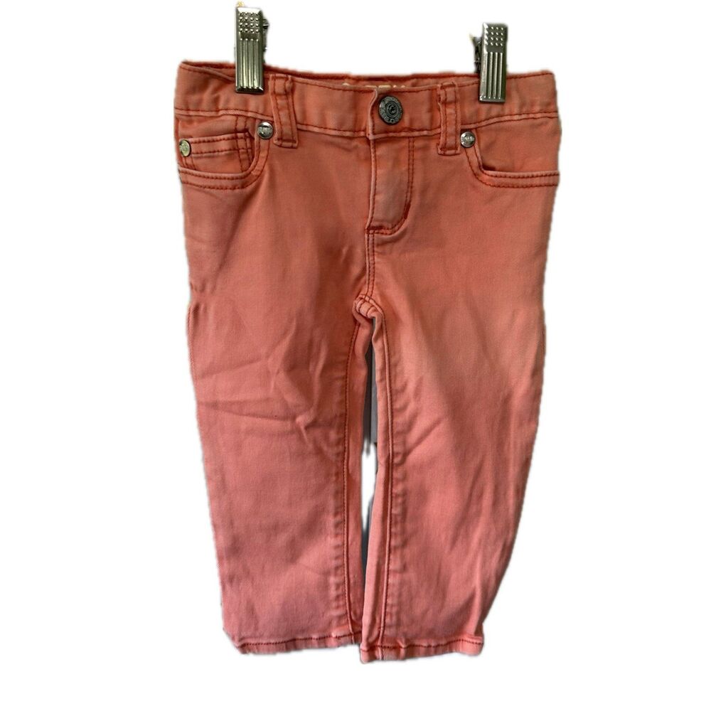 Peek Dungarees Baby Girls Adjustable Waist Florescent Orange Denim Jeans 18 Mo